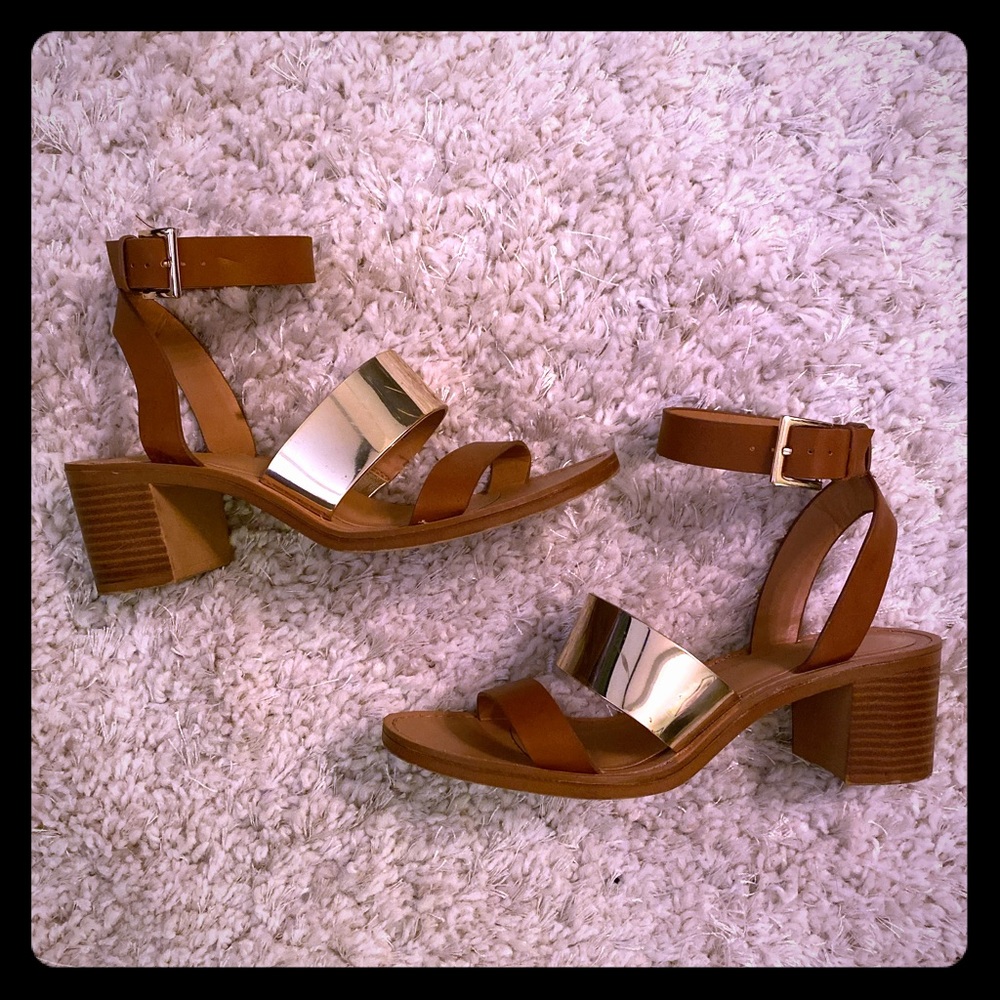 Leather & gold accent block heel sandal